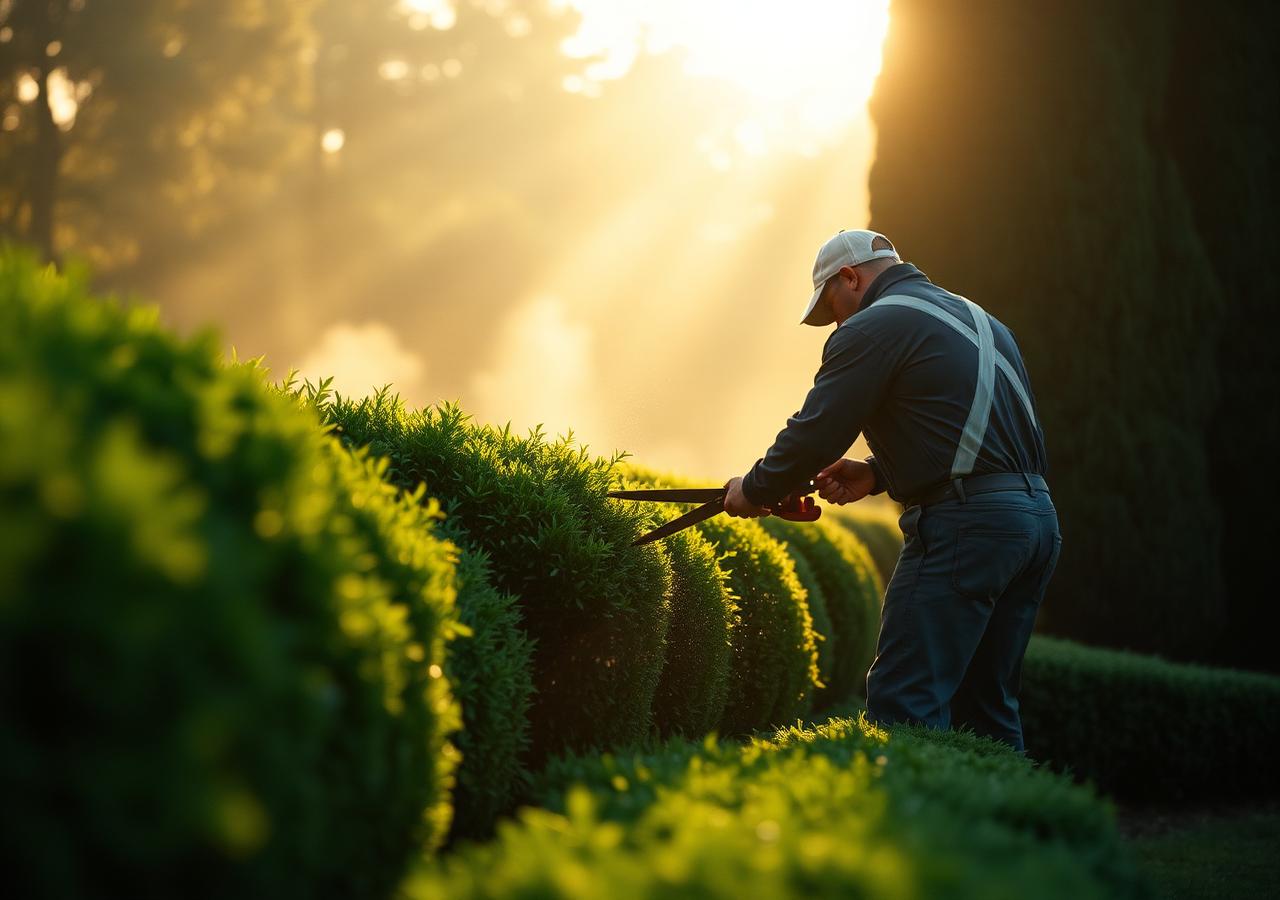 Verdant Grounds crew member hand-trimming a sculpted hedge at sunrise