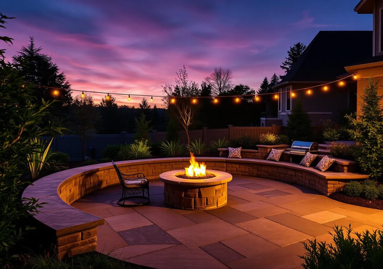 Stone patio with fire pit and string lights at twilight