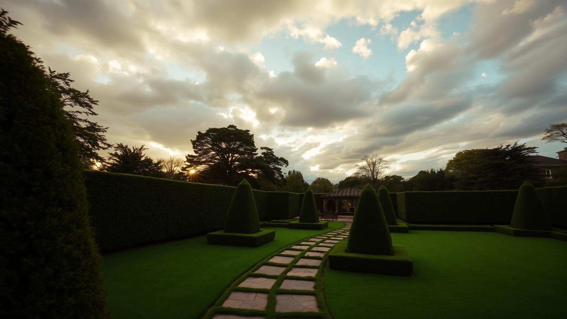 Manicured estate garden at golden hour with sculpted hedges and a stone path